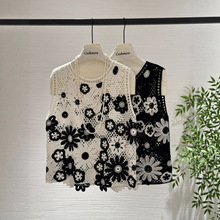 港米服饰/早秋新款羊毛圆领镂空钩花微透针织背心女百搭上衣女