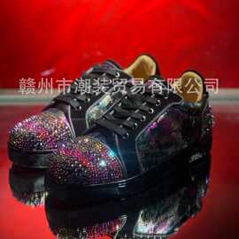 cl andgz红底鞋男鞋黑色幻彩烫钻铆钉低帮女鞋水晶钻休闲运动板鞋