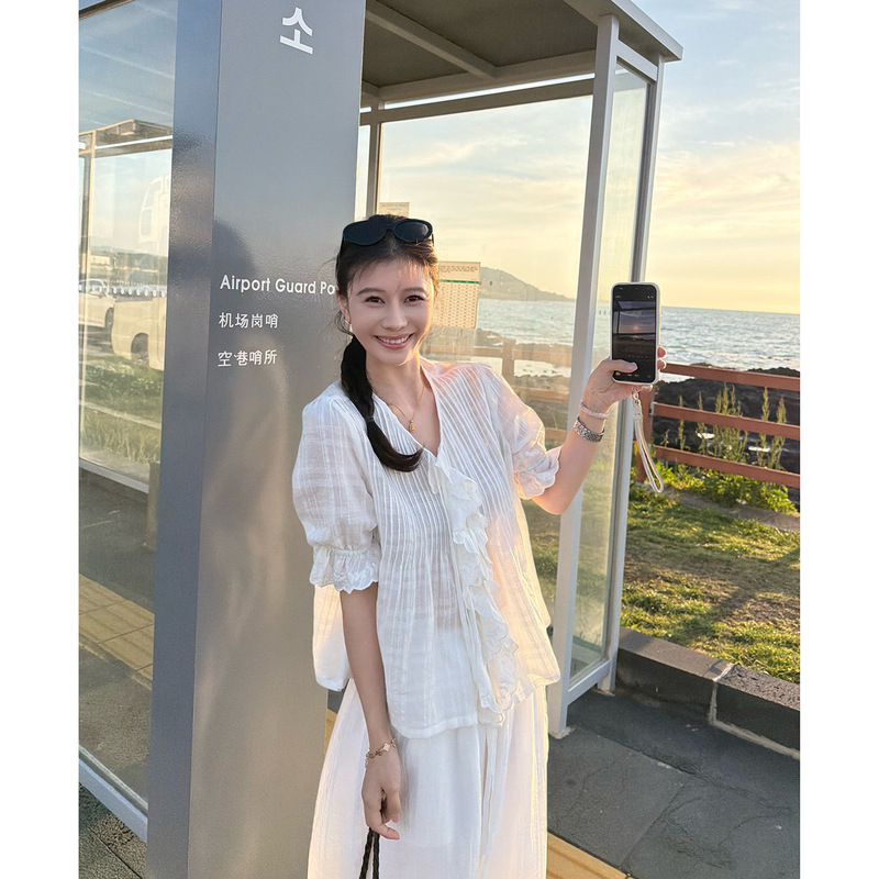 Baishiwang Textured Pleated White Mid-Sleeve Shirt for Women, Summer V-Neck Ruffled Loose Slimming Babydoll Shirt Baishiwang Textured Pleated White Mid-Sleeve Shirt for Women, Summer V-Neck Ruffled Loose Slimming Babydoll Shirt