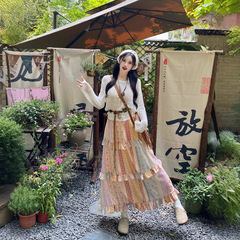 大きいサイズのファッションのスーツの女性の夏の長袖は透かし彫りしてやせている上着の太っているMMの民族の風の半身のスカートの復古の2つのセットを現します。