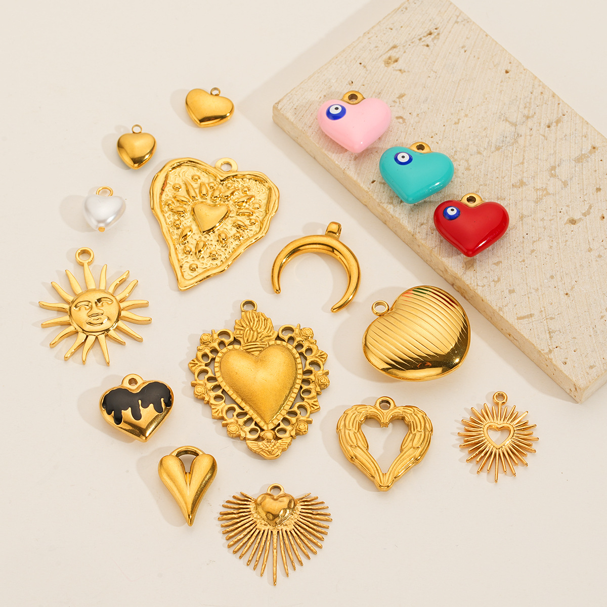 9g Weight Pendant Jewelry Making Type 18*22.5mm, 21*22mm, 9 * 11mm Jewelry Making Size 18K Gold Plated Plating Material Glass Inlay Material DIY Jewelry Accessories Classification 5 PCS/Package Quantity 304 Stainless Steel Material Sun, Moon, Heart Shape, Eye Pattern All Seasons Season Enamel, Inlay Design IG Style Style 5 PCS/Package 18*22.5mm 21*22mm 9 * 11mm 304 Stainless Steel Glass 18K Gold Plated Sun Moon Heart Shape Pendant DIY Jewelry Accessories 2