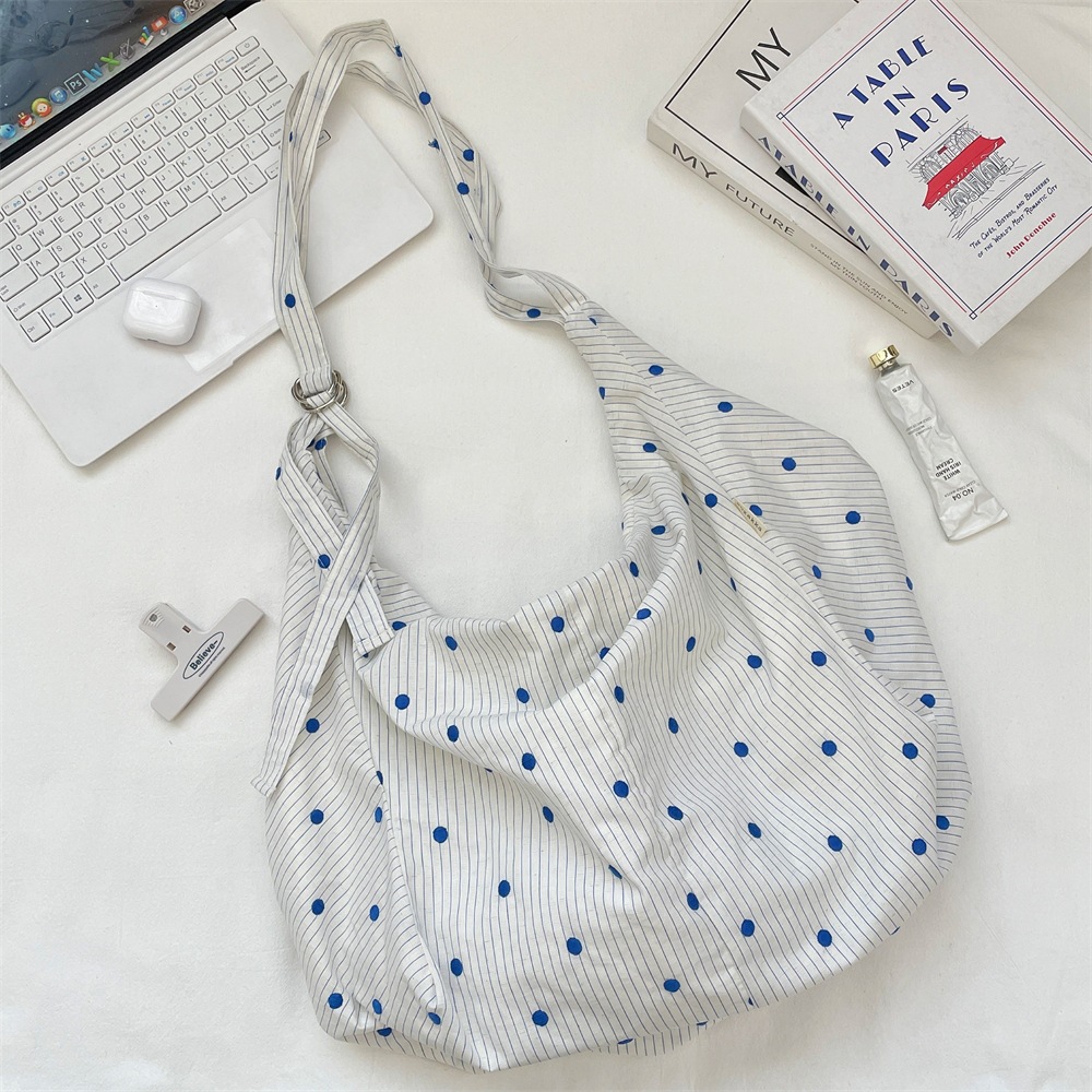 68274 ins Fresh blue polka dot striped fabric bag with adjustable shoulder strap, casual crossbody bag, artistic women's bag