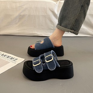 Thick-Soled Platform Sandals for Women 2025 New Summer Versatile Height-Increasing Fashion Denim Slippers Sports Roman Sandals