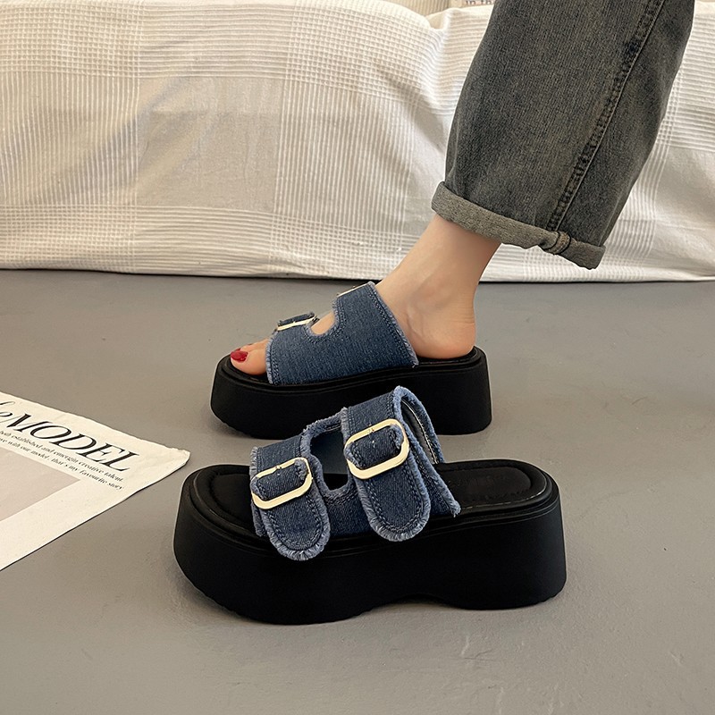 Sandalias de plataforma de mezclilla para mujer, de verano, para exteriores, con doble hebilla, suela gruesa, antideslizantes, que aumentan la altura, nuevas y versátiles.