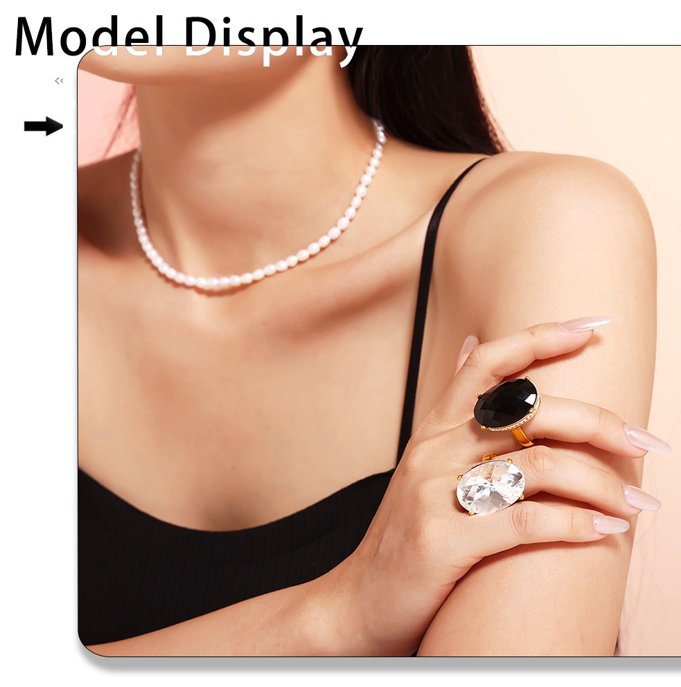 Oval Diamond Large Glass Ring Gold Plated Retro Statement Ring_voghion.com