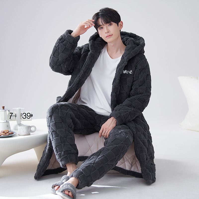 Pijamas de invierno para hombre 2024, bata acolchada de tres capas de longitud media, forro polar coral cálido con capucha, informal y grueso para uso exterior