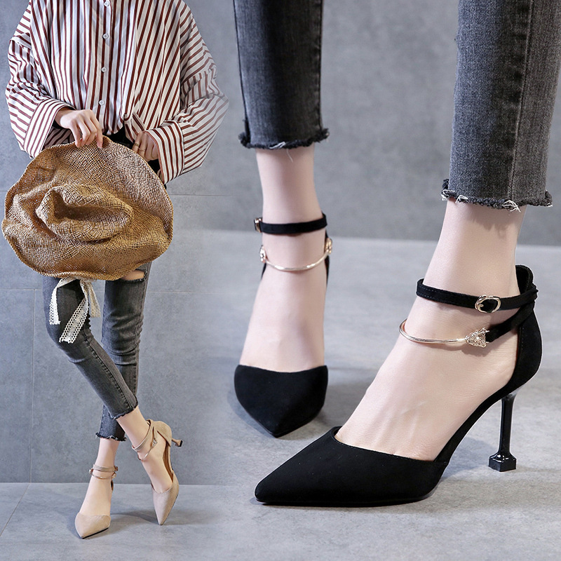 2022 new European and American simple sexy nightclub stiletto heels low mouth pointed hollow one-word shoes wholesale