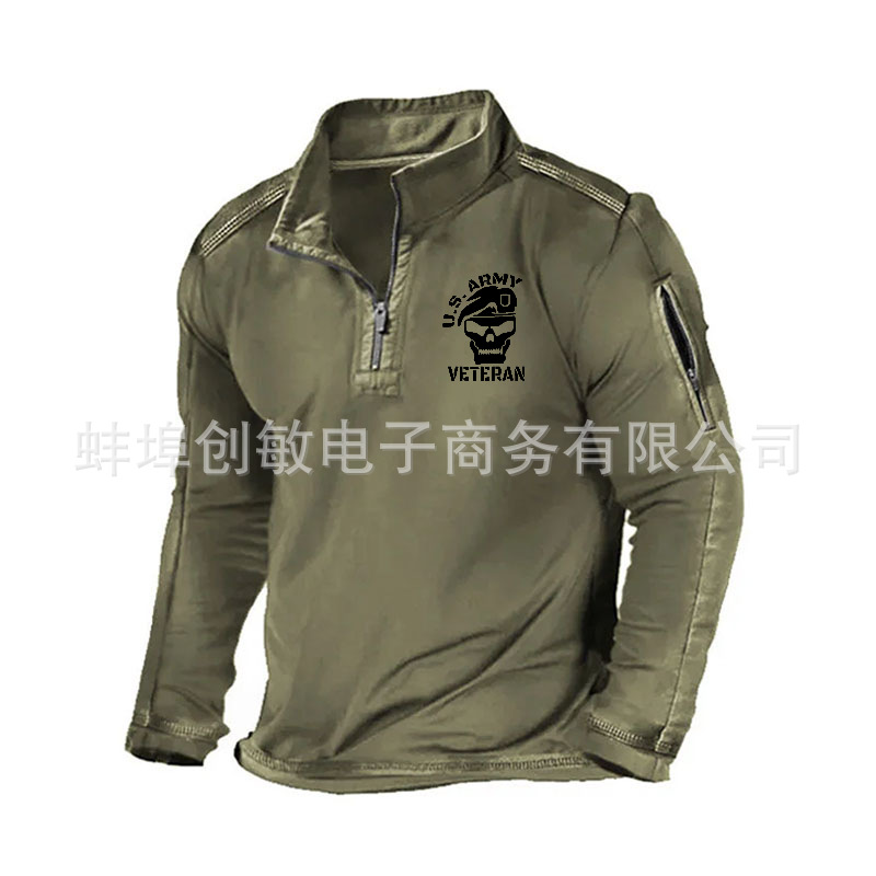 Primavera y otoño Comercio exterior más tamaño de los hombres al aire libre bolsillo con cremallera media cremallera cuello táctico de manga larga Camiseta suéter casual
