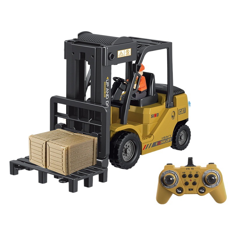 Transfronterizo nuevo juguete de carga de control remoto carretilla elevadora de coche eléctrico grúa de pulverización de sonido y luz cargador de bloques de construcción