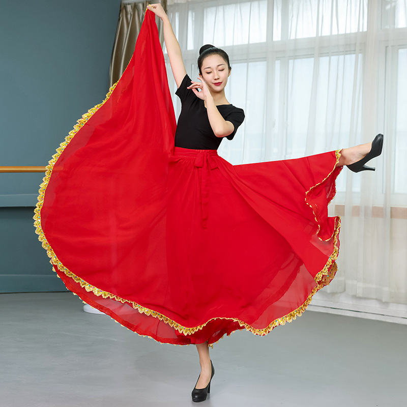 Lace 720 degrees gold A- line high waist chiffon dress slimming Xinjiang dance sequined golden edge ethnic dance skirt