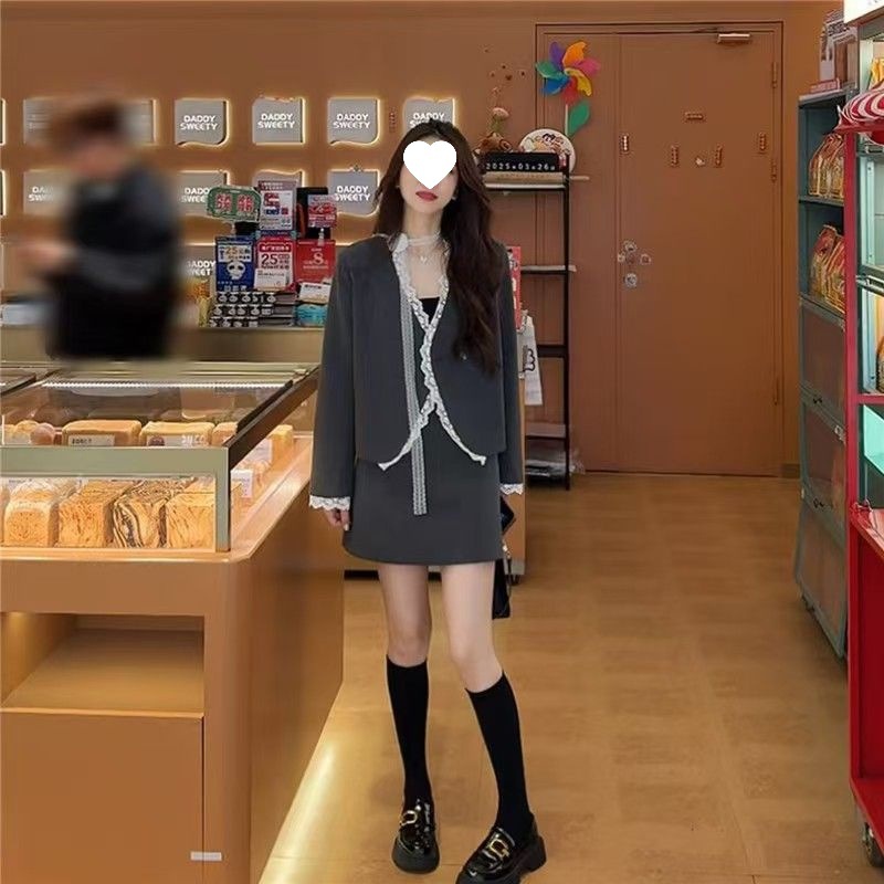 Plus Size Fat High-End Suit Skirt Pure Lust Style Lace Ribbon Suit Jacket + Skirt Two-Piece Set