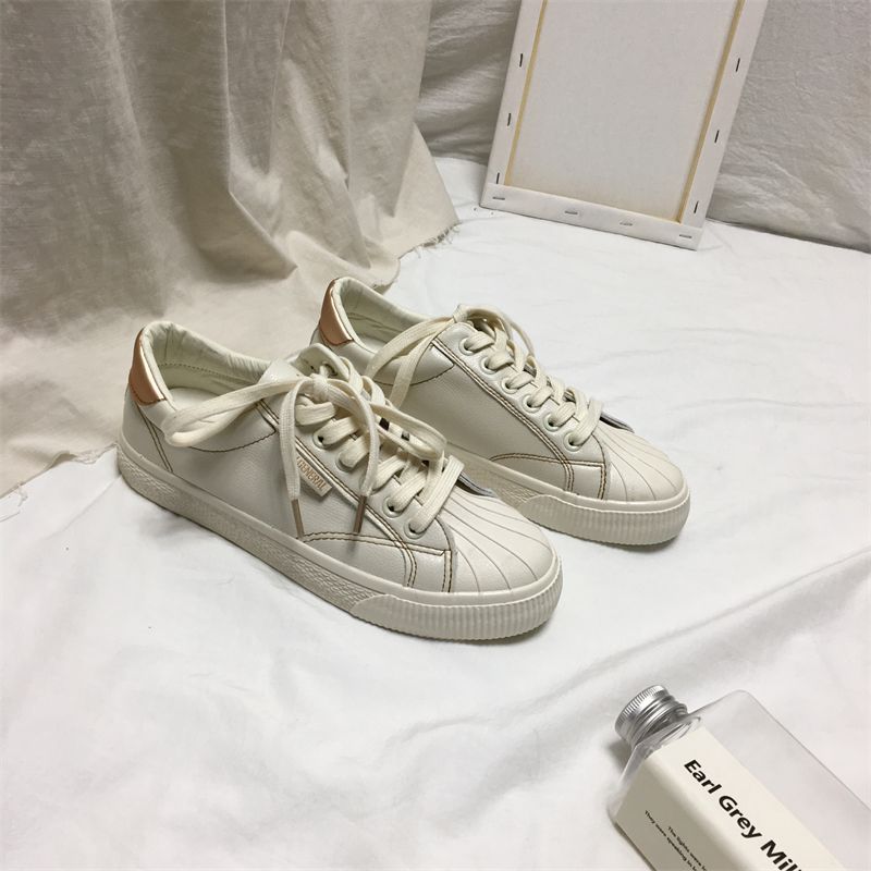 女鞋新款小白鞋2023韩版春季贝壳休闲ins板鞋学生鞋子米金色