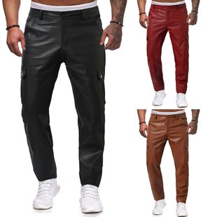 2024 cross-border new popular wish Amazon hot sale European and American solid color PU lace-up casual men's leather pants LP01