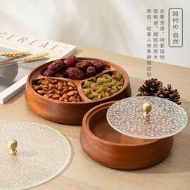 新年干果盒实木分格圆盘家用客厅木质零食盒瓜子糖果储物盒
