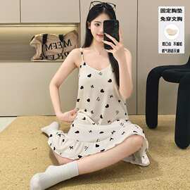 睡衣女  四面弹仿棉吊带裙带固定胸垫（M-XXL）