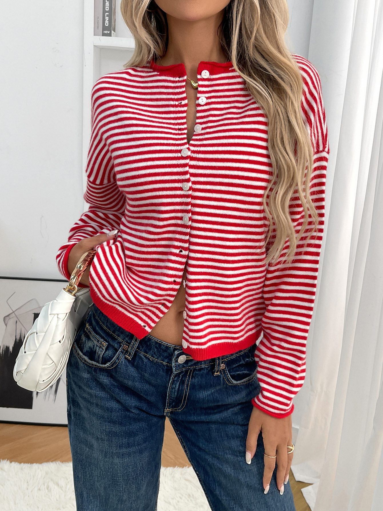 Women's Knit Striped Cardigan Casual Long Sleeve Round Neck Button Sweater Autumn Winter American Style Acrylic Polyester_ecoleips.com