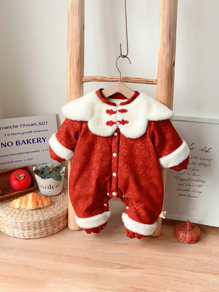 autumn and winter clothing baby rompers hundred days banquet chinese style shawl newborn fleece-lined going out jumpsuits baby new year clothes