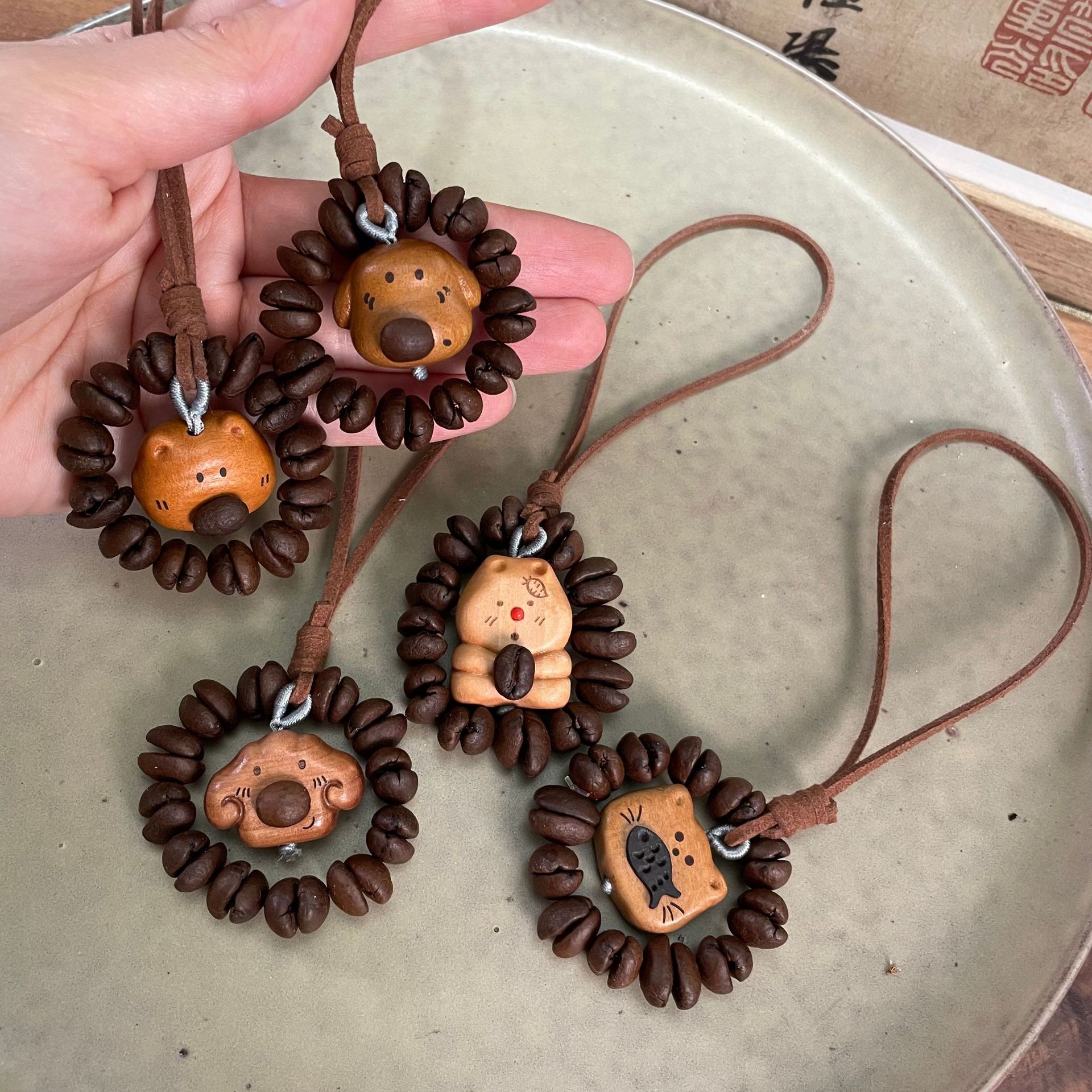 Natural Wooden Cartoon Coffee Bean Mobile Phone Chain Pendant Key Chain Accessories Cute Bag Pendant Jewelry Accessories