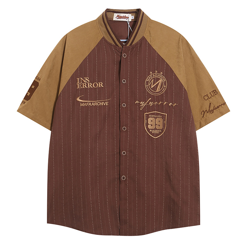 Baseball Collar Short-sleeved Shirt Men's European and American Street Trendy Color-contrast Stitching Embroidered Letters Sports Casual Collar Shirt Men's