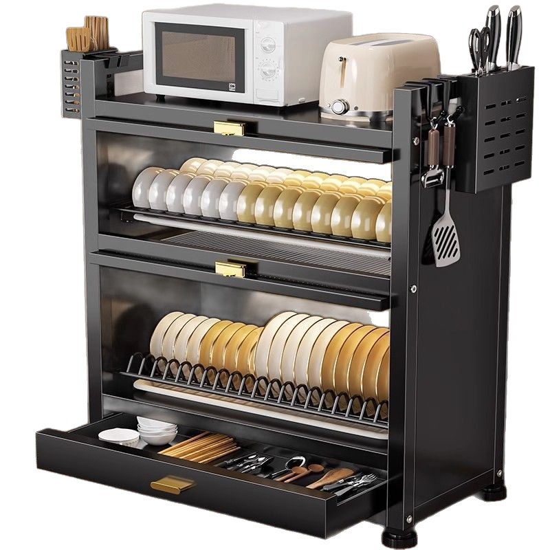 Estante multifuncional de cocina, estante de platos de mesa multicapa, estante de drenaje, estante de platos, gabinete doméstico, caja de almacenamiento de palillos de tres capas