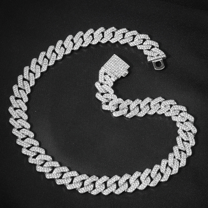 European and American Hip-Hop 14mm Full Diamond Rhombus Cuban Chain Men's Necklace Cross-Border Exclusive Exaggerated Collarbone Chain Neck Accessory