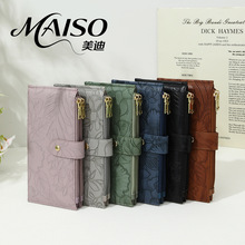 新款多卡位钱包超纤皮革立体压花rfid防盗刷钱包双拉链手机钱包