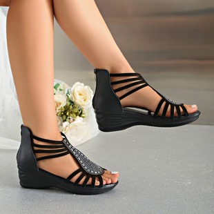 Cross-border 2024 New Roman wedge platform round toe open toe solid color back zipper women's plus size Roman sandals