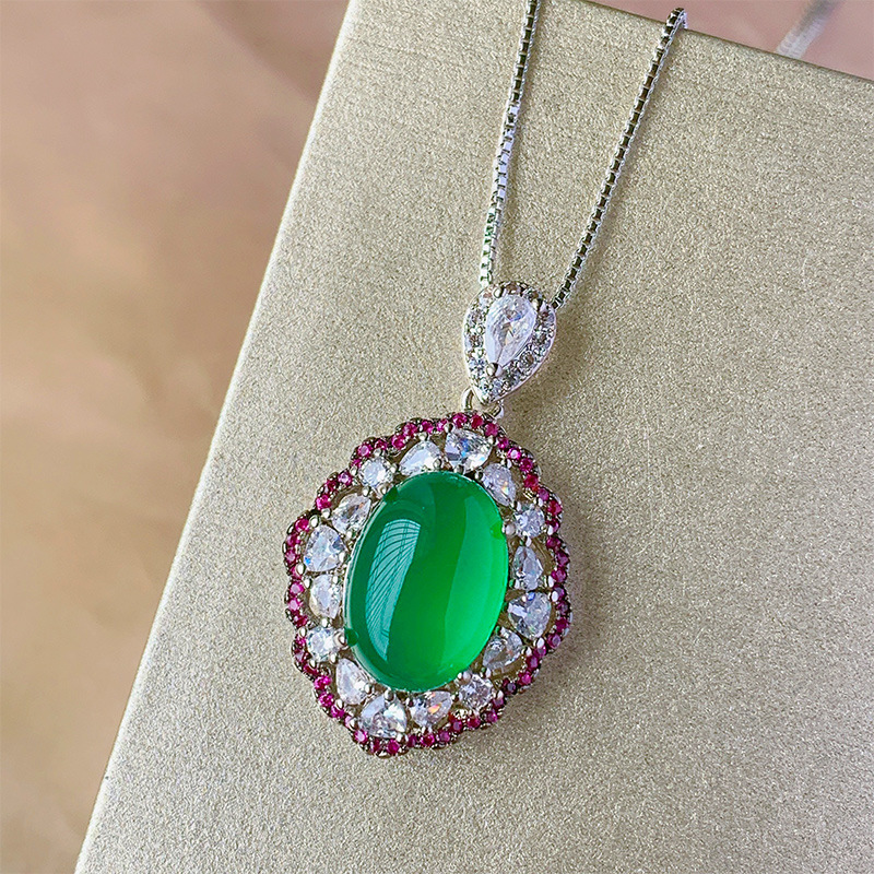 Zhuang Sheng joyas fondo de cobre chapado en oro de hielo plantación fluorescente simulación verde Calcedonia llanura temperamento superficie traje 10*14