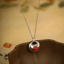 福字钱袋镂空南红玛瑙吊坠女925银复古古典祥云古典项坠挂件