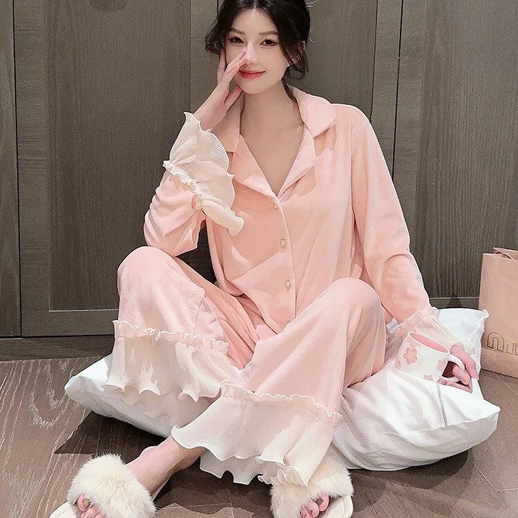 秋冬新款海岛绒睡衣女荷叶边少女甜美氛围感喇叭袖宫廷风家居服|undefined