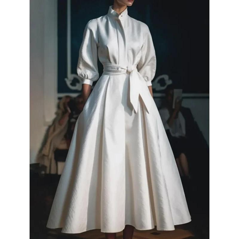 Women's Elegant Shirt Dress Long Sleeve Stand Collar White|undefined