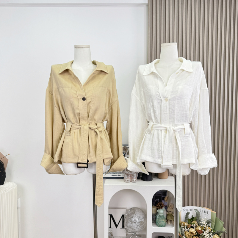 2026 Real Shot Cotton Linen Shirt Jacket for Women, Spring/Summer Elegant Waist-Tie Top