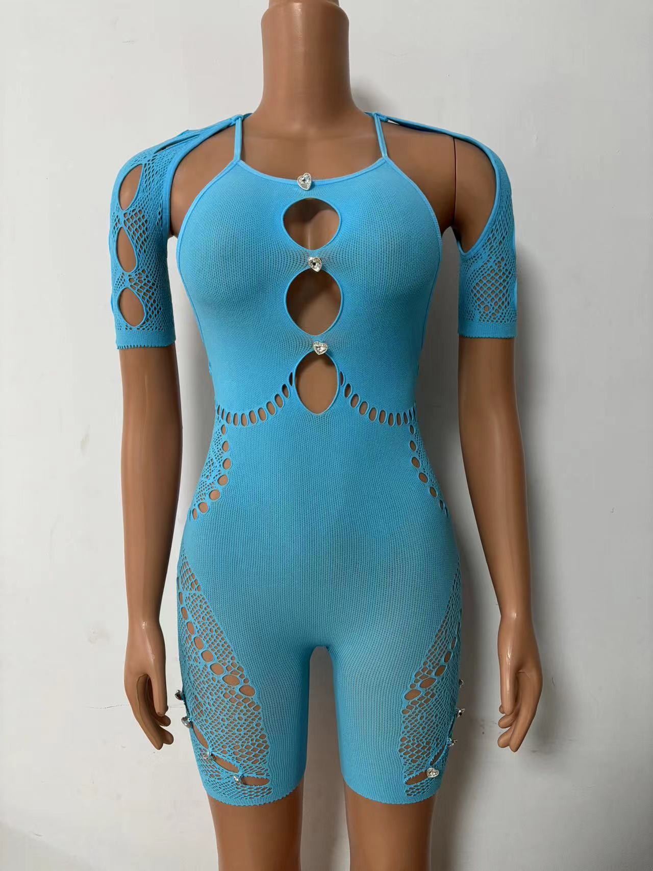 Lencería sexy de estilo europeo y americano Yuedie, ropa de malla sexy con mangas, ajuste ceñido, diseño hueco, cintura alta, body de encaje adornado con pedrería YDT033. image 8