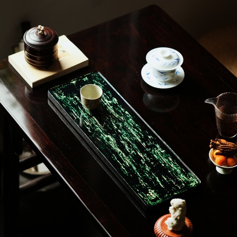 大漆翡翠绿干泡台茶盘家用干泡茶台简约茶台新中式功夫实木茶具