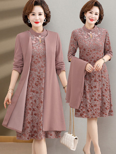 Mother's dress Spring and Autumn Two-Piece Knee-Length Dress 50-Year-Old Women's Autumn Dress Foreign-style suit