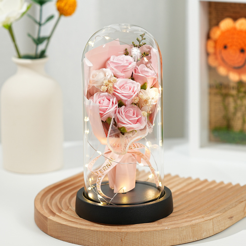 520 バレンタインデー永遠の花 7 バラの花束ドライフラワーカスミソウガラスカバー花ライトカップル人形装飾品|undefined