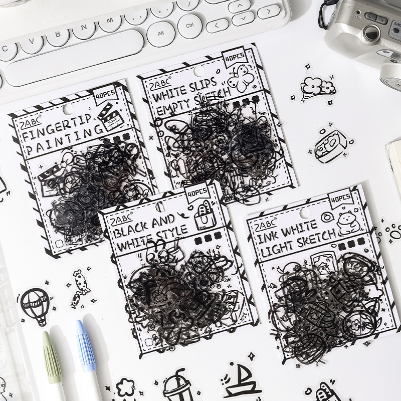 Paquete de pegatinas de pet transparente impermeable de pintura simple en blanco y negro, pegatinas de diario de cuentas de bricolaje, elementos en blanco y negro, papel de vida de dibujos animados
