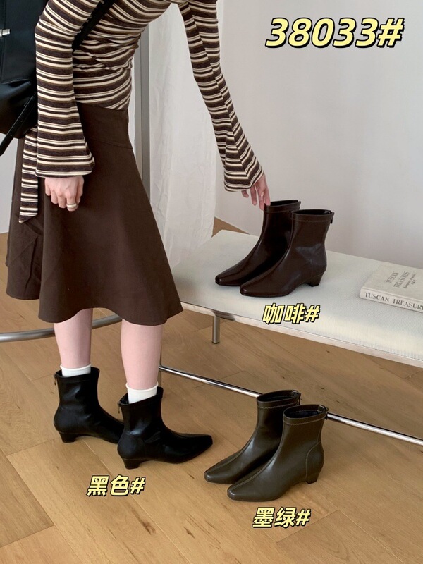 Korean-style minimalist square-toe chunky-heel 4.5CM slimming ankle boots for women, 2026 new autumn/winter collection, with a back zipper, fashionable and slimming boots Korean-style minimalist square-toe chunky-heel 4.5CM slimming ankle boots for women, 2026 new autumn/winter collection, with a back zipper, fashionable and slimming boots