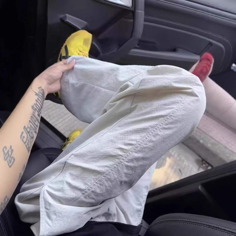 남성용 화이트 그레이 아이스 메쉬 팬츠, 여름용 얇은 청소년 속건 팬츠, 스트레이트 레그 드레이프 아메리칸 스포츠 팬츠