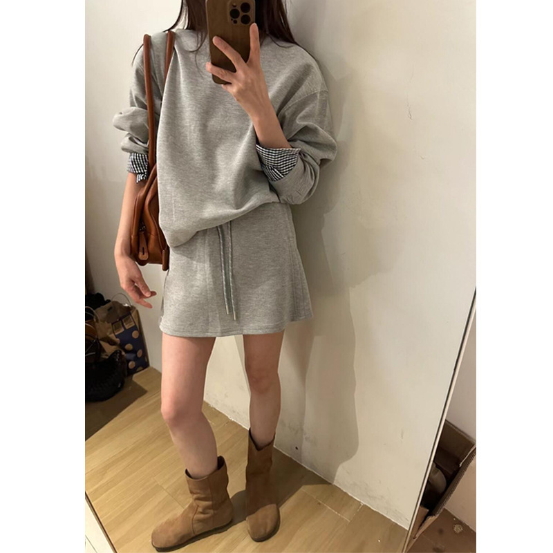 大码胖妹妹休闲运动套装女秋季圆领长袖卫衣上衣半身短裙两件套装|undefined