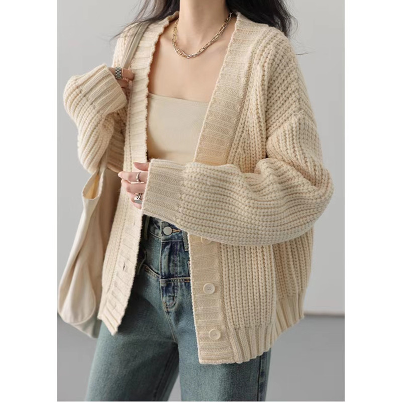 Korean Style Women's Loose V-Neck Solid Color Knitted Cardigan Thick Knit Spring and Winter New Sweater Coat for Women