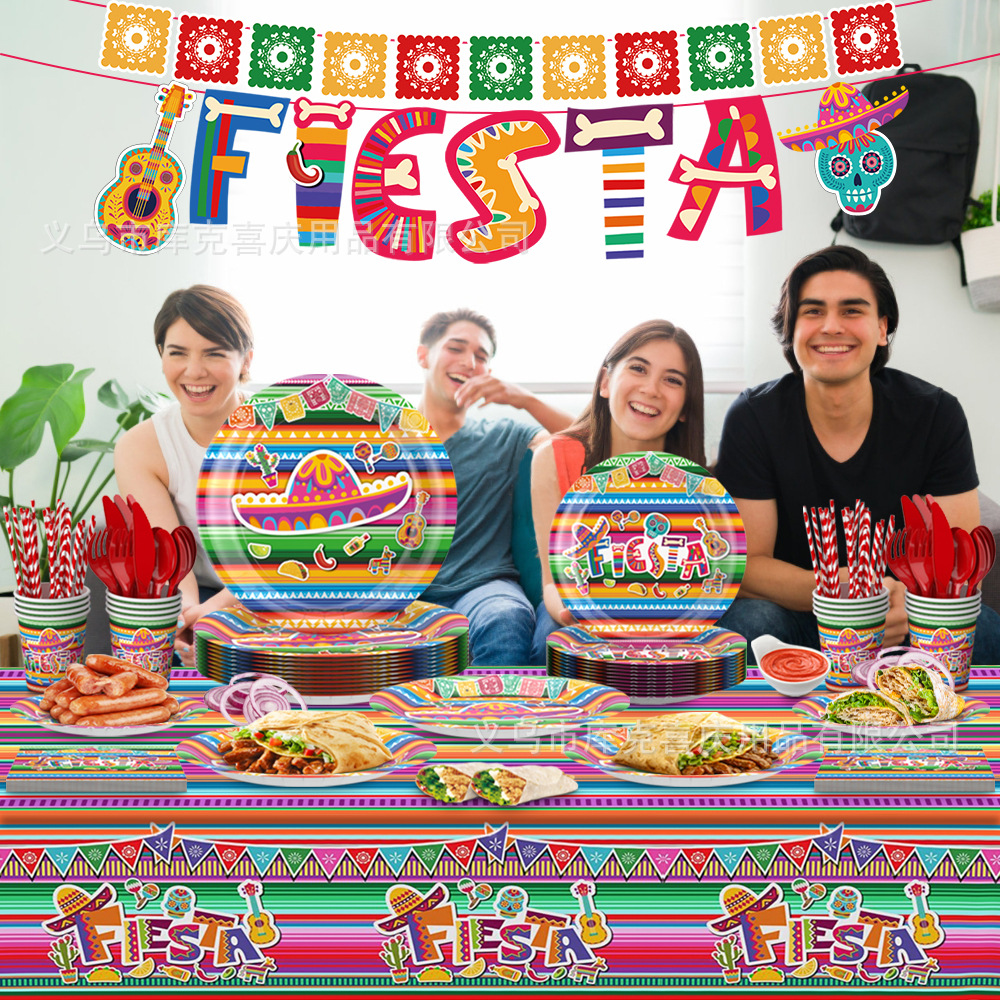 Amazon México carnaval fiesta decoración vintage color rayas papel plato taza de papel tire bandera decoración traje