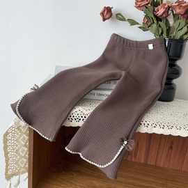 女童时尚修身秋冬休闲裤女宝儿童蝴蝶结一体绒喇叭裤加绒打底裤