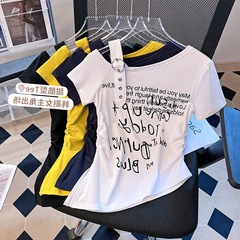 ヨーロッパステーションリアルショット2025新作アメリカンホットガールピュアデザインオフショルダー半袖Tシャツスリムオフショルダートップ