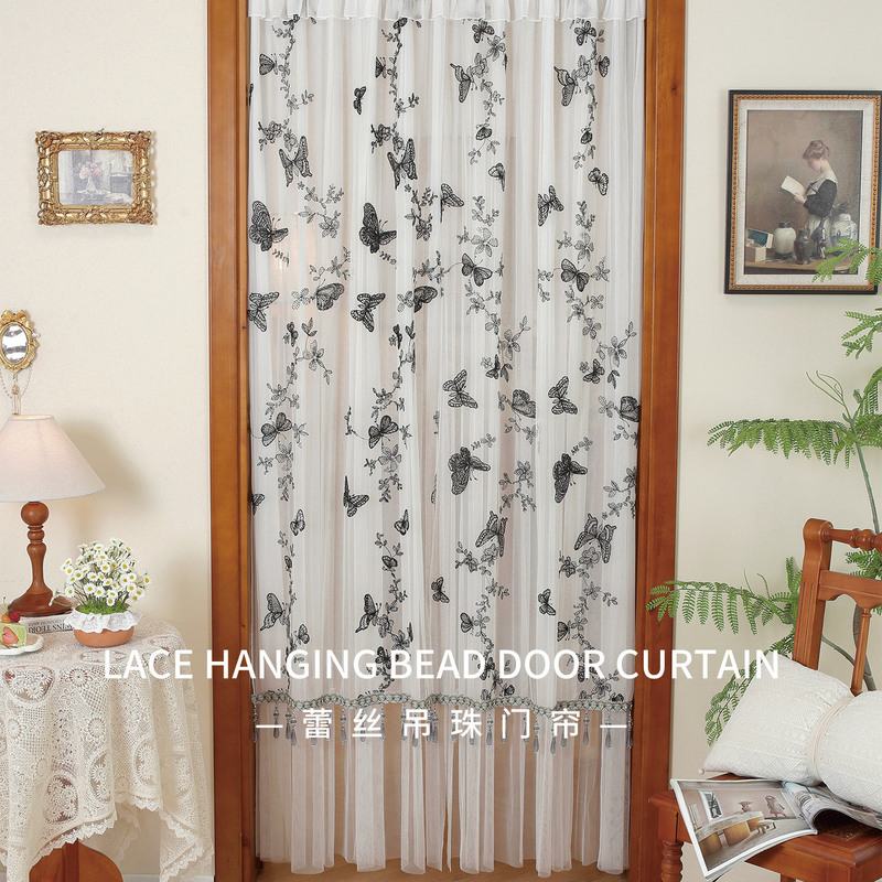 Pastoral Style Butterfly Embroidery Door Curtain with Gray Hanging Beads and Lace, No-Drill American-Style Door Curtain for Privacy Protection Pastoral Style Butterfly Embroidery Door Curtain with Gray Hanging Beads and Lace, No-Drill American-Style Door Curtain for Privacy Protection