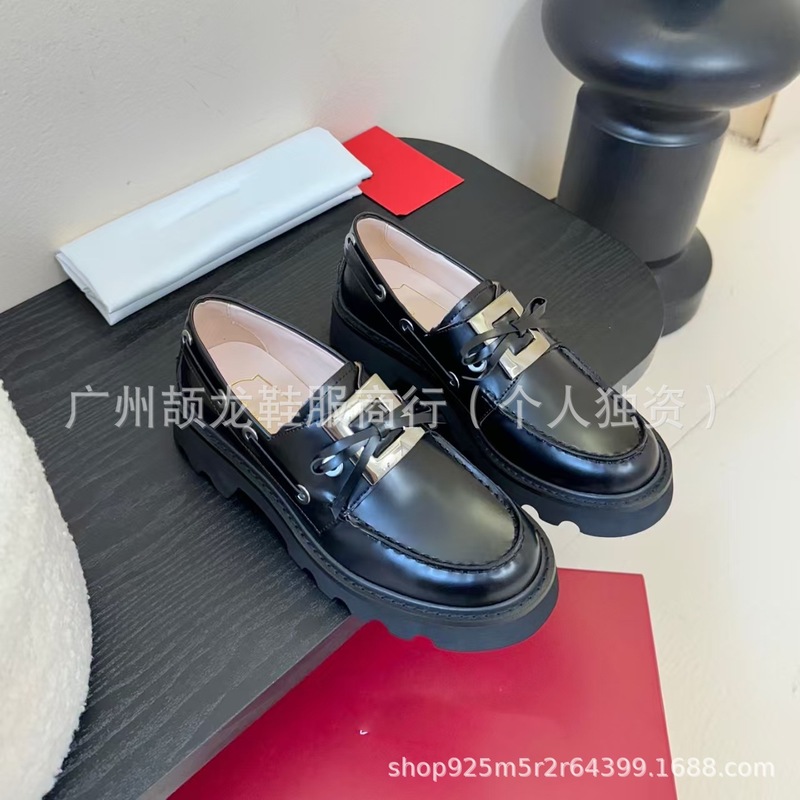 高端2025新款真皮圆头复古浅口金属方扣一脚蹬厚底增高乐福鞋单鞋|undefined