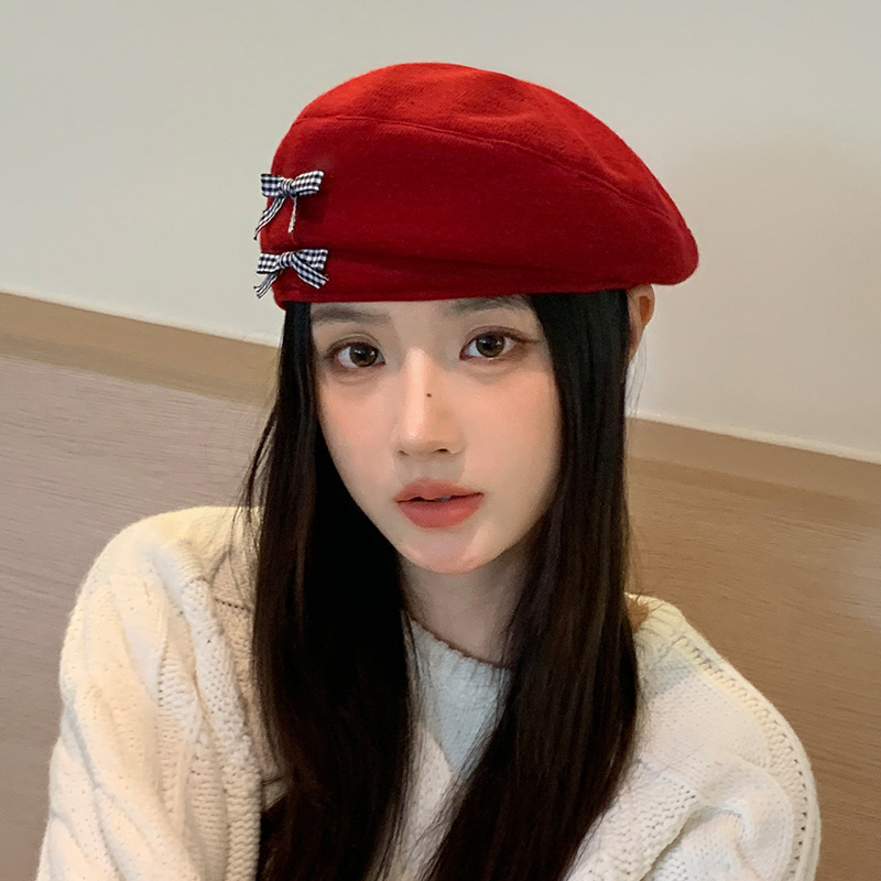 甜美可爱百搭蝴蝶结贝雷帽秋冬季休闲韩版大头围画家帽时尚报童帽|undefined