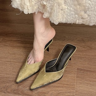 New Slim Pointed Toe Stiletto V-Mouth Mule High-Heeled Elegant Baotou Half Slippers for Women to Wear Outside