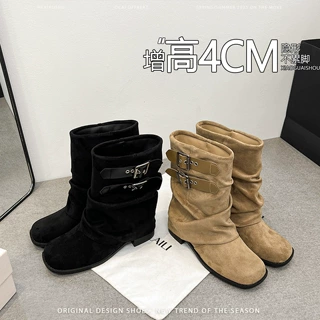 羊皮版~复古牛仔皮带扣粗跟西部中筒靴女2025款气质百搭堆堆靴女