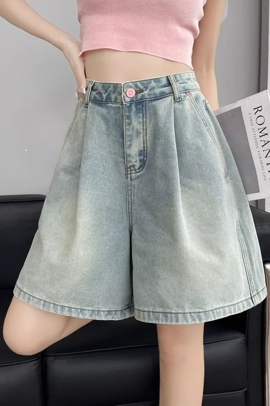 Quần jean nữ ống rộng eo cao thiết kế nếp gấp Hàn Quốc dáng suông thoải mái — Màu xanh nhạt [MM béo nhắm mắt nhập] chi tiết 1